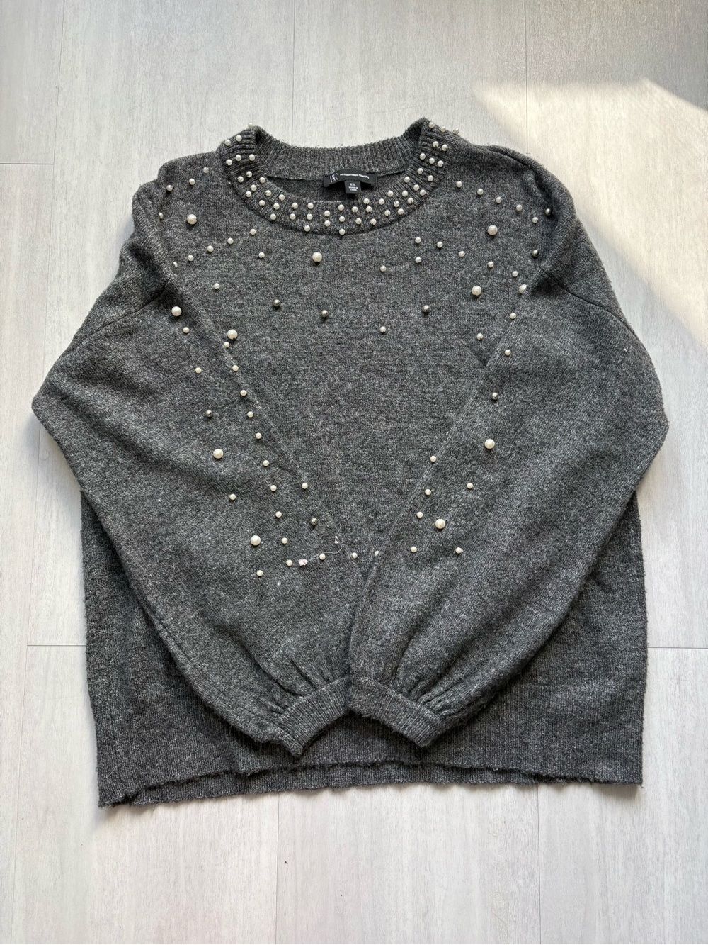INC International Concepts Charcoal Grey Pearl-Accent Crewneck Sweater